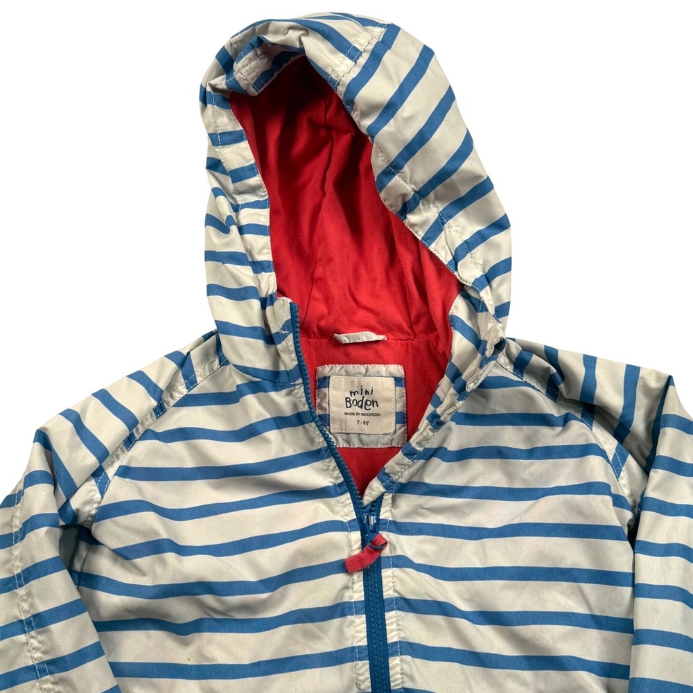 Mini Boden Rain Jacket Kids 7-8Y Blue White Striped Hooded Full Zip Coat